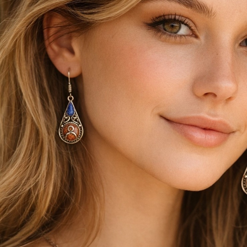 Tibetan Handmade Dangle Earrings In Coral & Lapis Gemstones Boho‎ Style #881